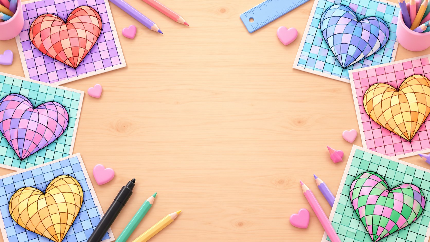 Disegni di cuori 3D colorati su un banco di scuola