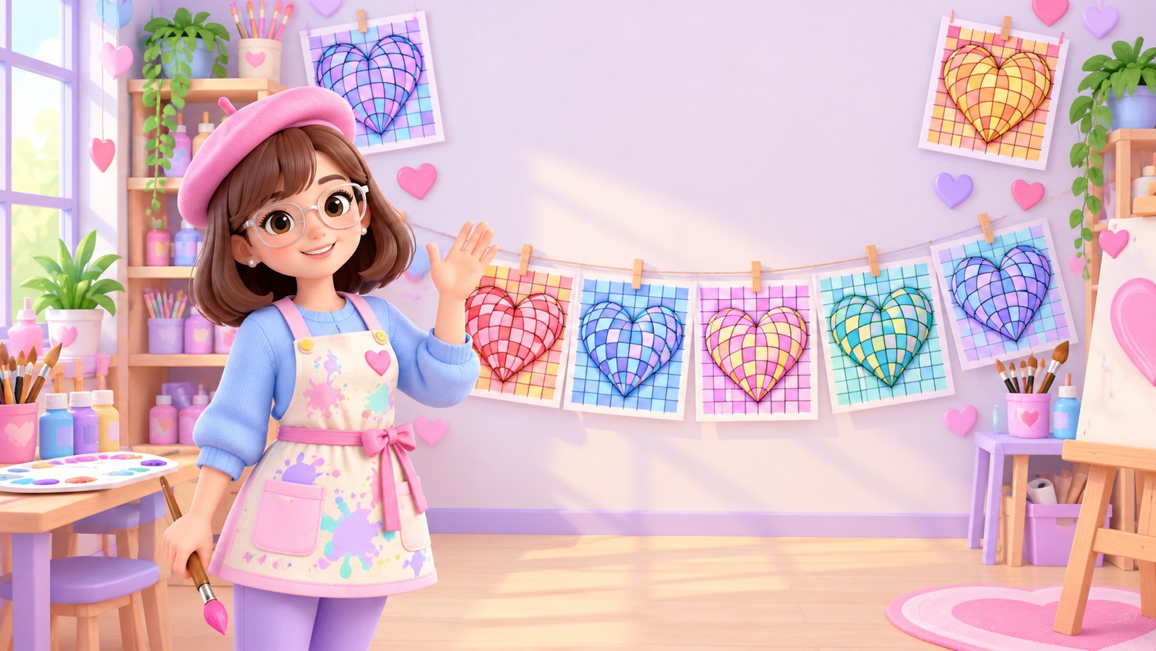 Maestra Giulia pittrice davanti a una parete piena di cuori 3D colorati